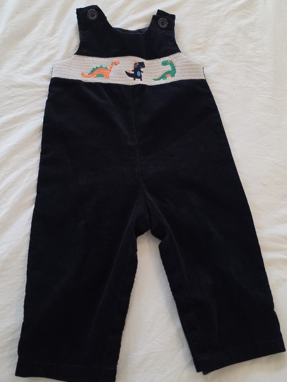 Nursery Rhyme Boys Blue Corduroy Longall - Overalls w/Smocked Dinosaurs 12m